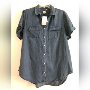 NWT A New Day Short Sleeve Blue Chambray Shirt Button Front Casual Coastal LARGE